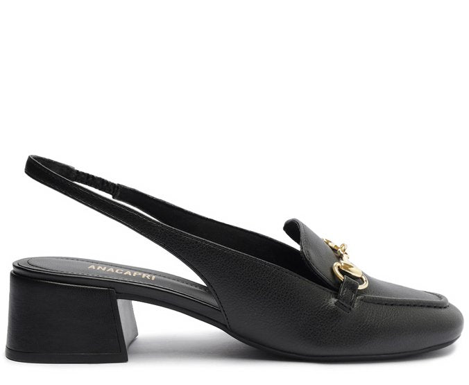 Mocassim Slingback Salto Bloco Bridão Preto