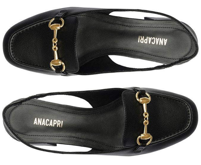 Mocassim Slingback Salto Bloco Bridão Preto