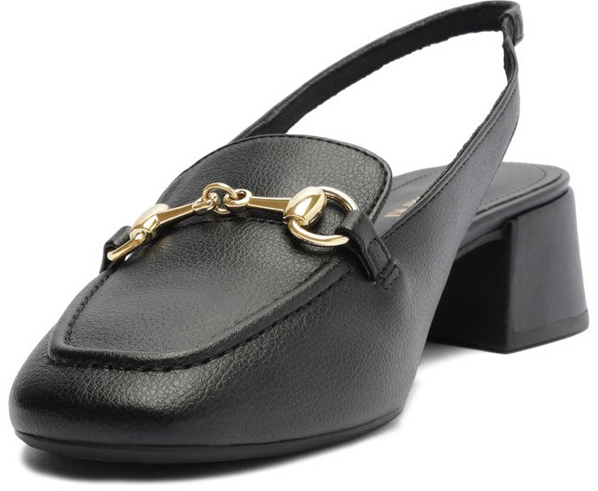 Mocassim Slingback Salto Bloco Bridão Preto