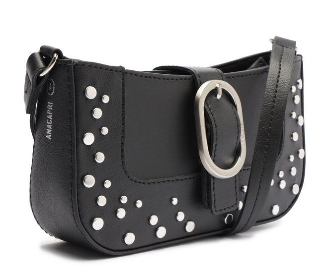 Bolsa Crossbody Preta Média Fivela Tachas