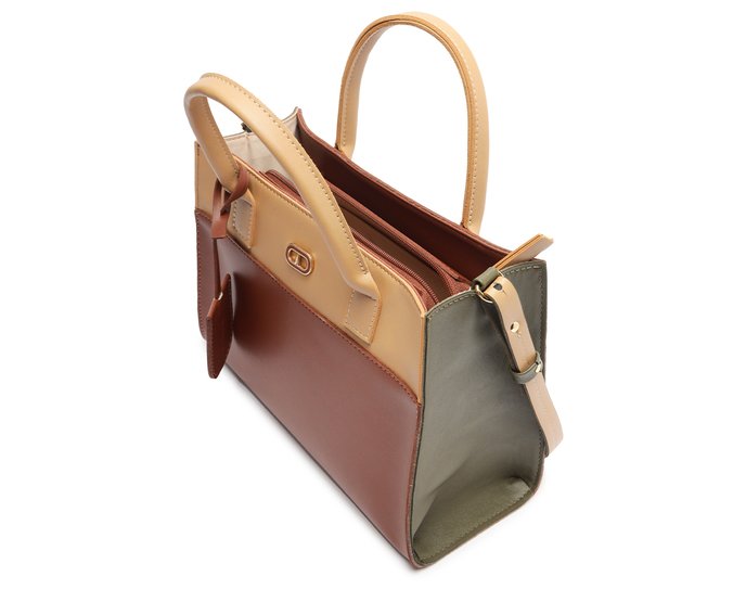 Bolsa Tote Média Costura Ornamental Bege E Verde