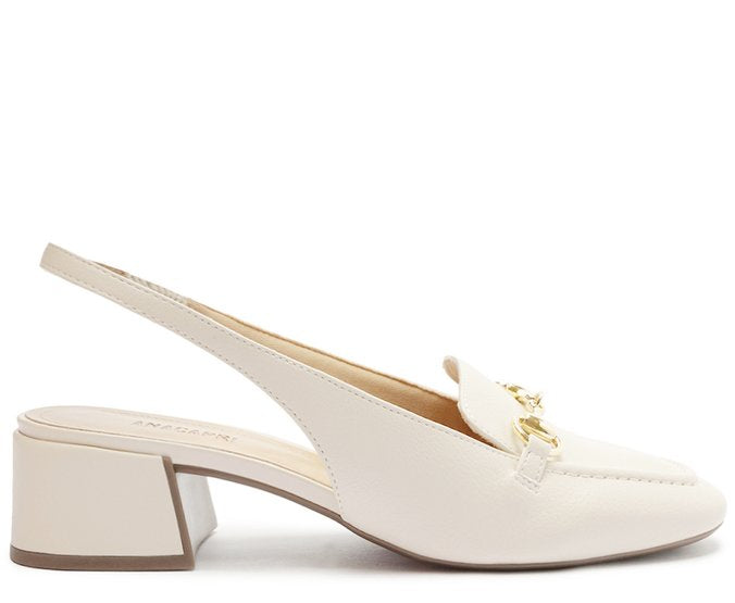 Mocassim Slingback Salto Bloco Bridão Branco