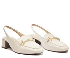 Mocassim Slingback Salto Bloco Bridão Branco