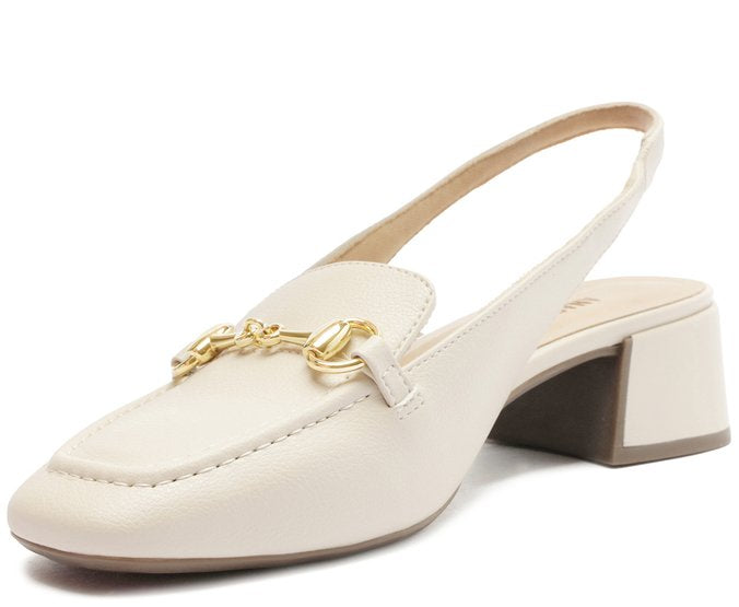 Mocassim Slingback Salto Bloco Bridão Branco