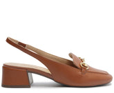 Mocassim Slingback Salto Bloco Bridão Marrom