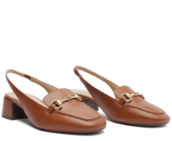 Mocassim Slingback Salto Bloco Bridão Marrom