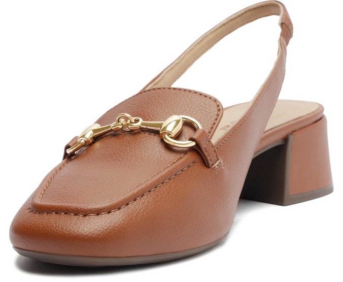 Mocassim Slingback Salto Bloco Bridão Marrom