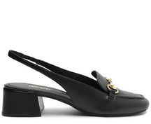 Mocassim Slingback Salto Bloco Bridão Preto