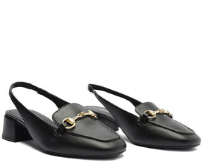 Mocassim Slingback Salto Bloco Bridão Preto