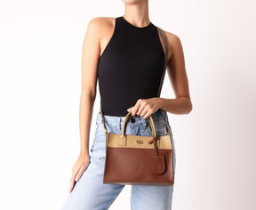 Bolsa Tote Média Costura Ornamental Bege E Verde